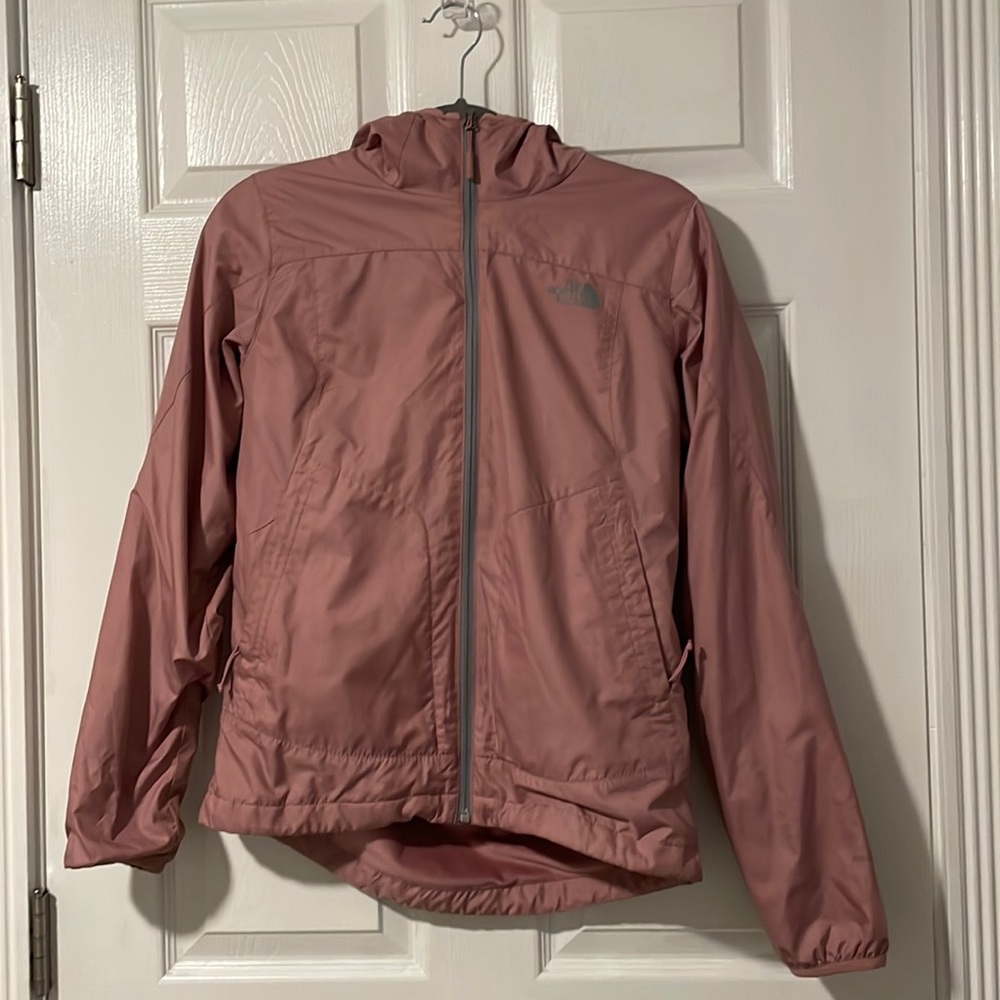 North face womens small rain jacket with hood (pinkish color)